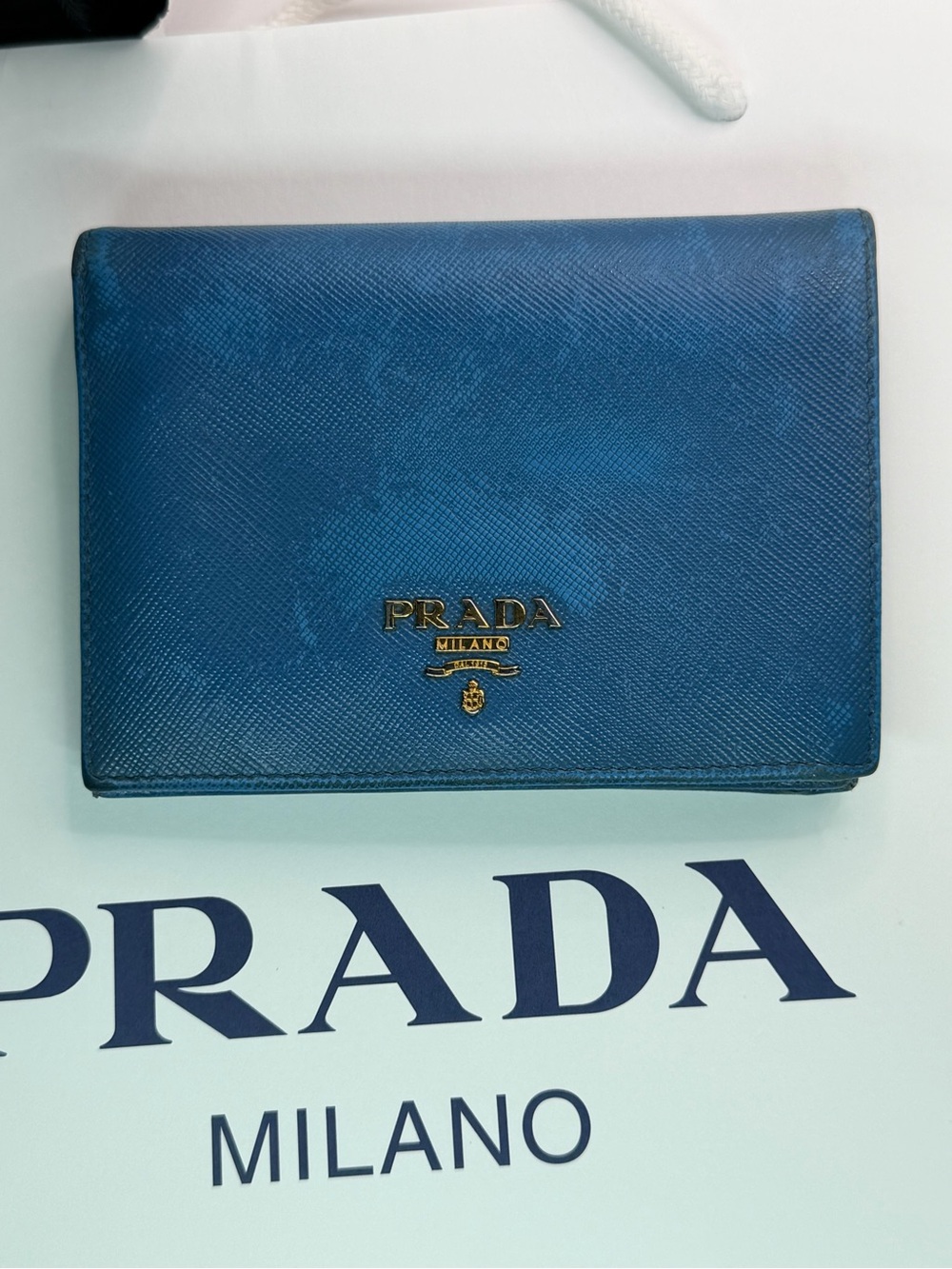 Prada Blue Saffiano Leather Bifold Wallet with Gold Logo